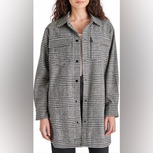 Steve Madden Relaxed Fit Houndstooth and Check Mixed Long Shirt Jacket